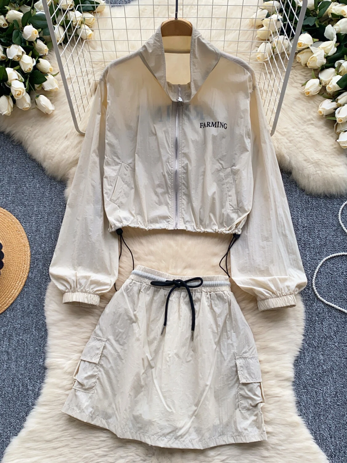 Leisure Sports Suit for Women Summer Loose Versatile Stand Collar Drawstring Sunscreen Shirt Jacket + High Waist Short Skirt Set