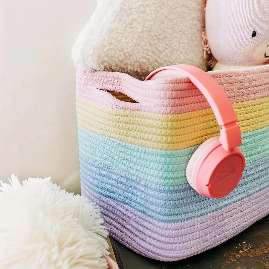 Rope Rainbow Storage Baskets for Shelves - Rainbow Baskets for Pastel Classroom Decor - Basket for Pastel Room Decor