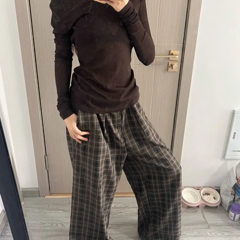 Lazy Retro Casual Pants Plaid Wide-leg Loose High Waist Straight-leg Casual Floor-mopping New Trousers