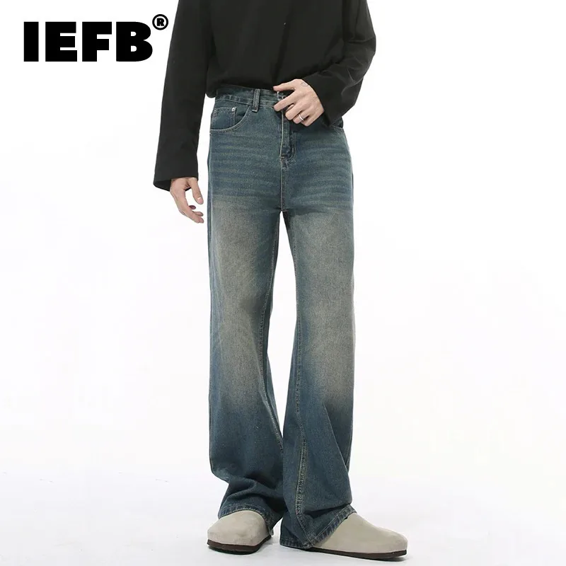 IEFB High Street Men's Jeans Solid Color Washing Worn-out Straight Trousers Loose Wide Leg Male Denim Pants Simple 2024 9C8900