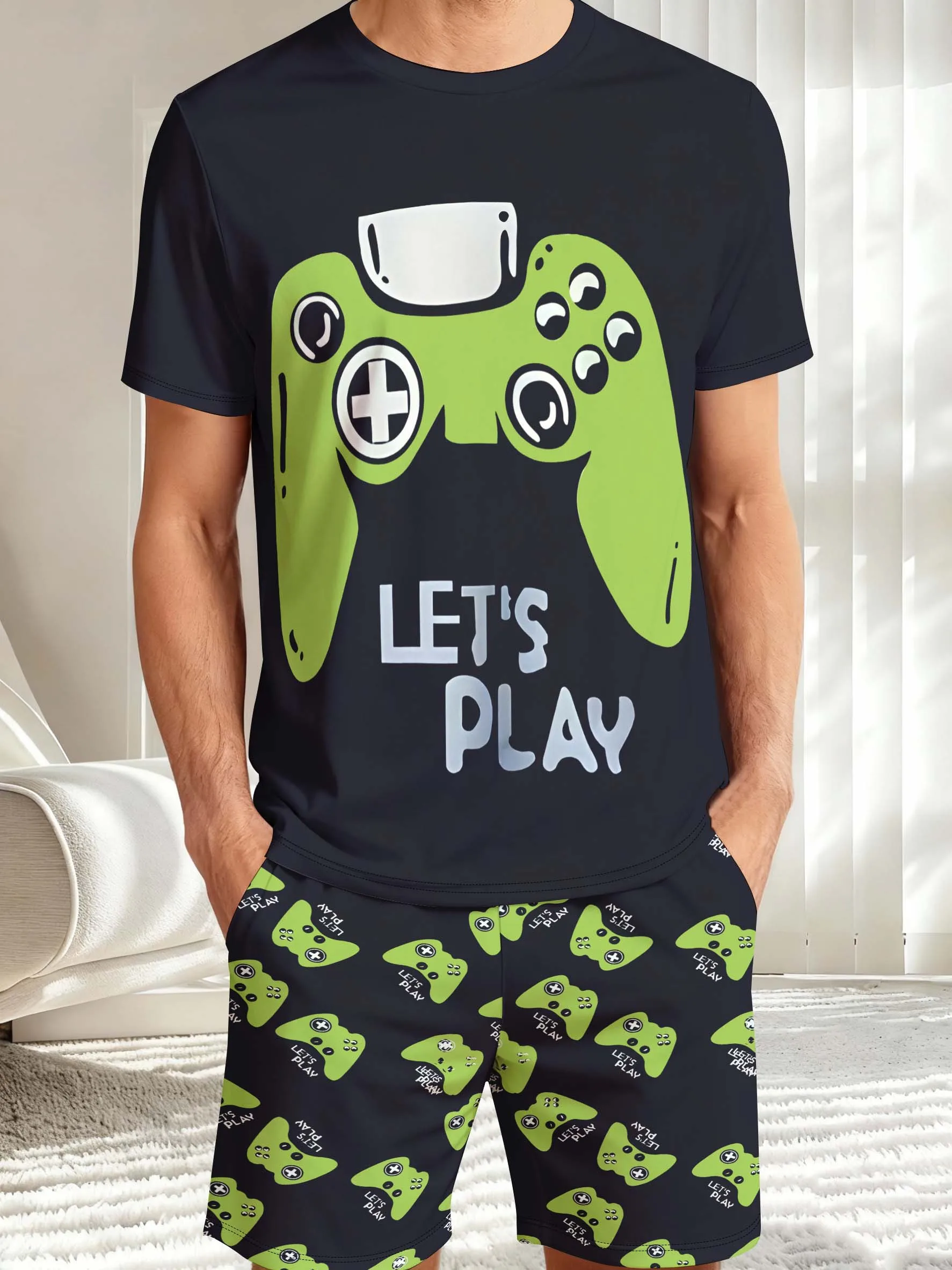 

2026 New Arrival Black-Green Game Controller LET'S PLAY Graphic Casual men's suit Y2K quick drying sports fitness T-shirt+shorts