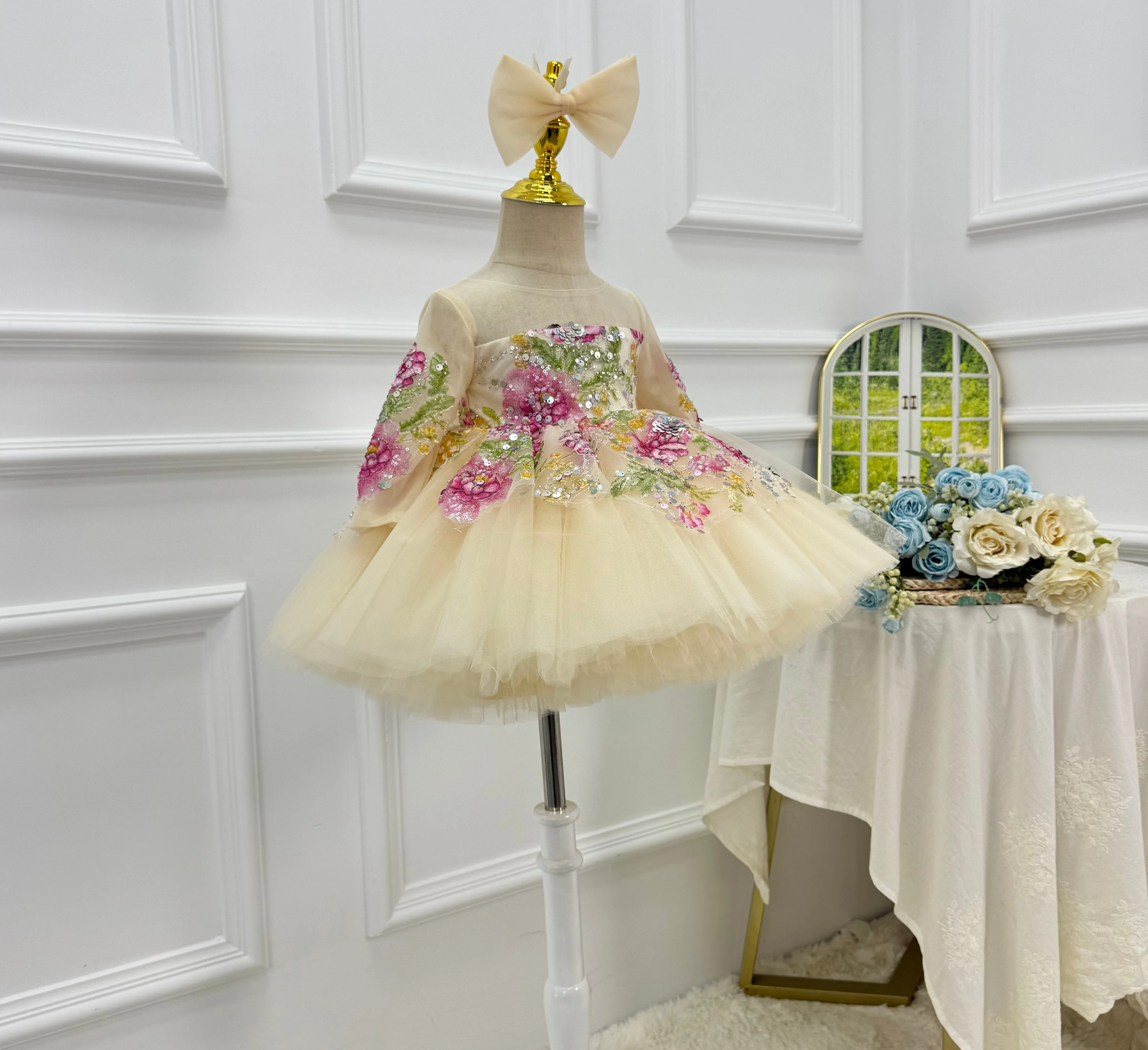 Flower Girl Wedding Dresses Tulle Embroidered Flowers Princess Dresses Girls Beauty Pageant Evening Dresses Special Occasion Dre view 3