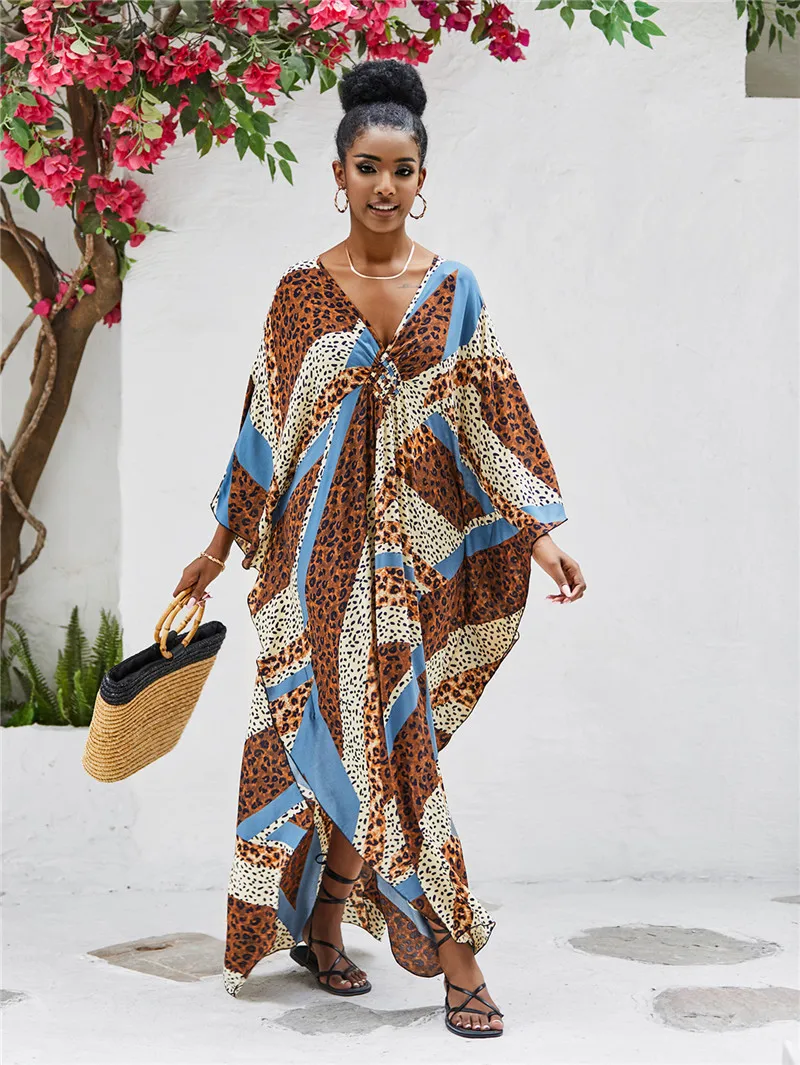 Bohemian Print Kaftan Plus Size Badeanzug Bikini vertuschen lässige Frauen Sommer Strand tragen tiefe V-Ausschnitt Strand kleid Vestidos