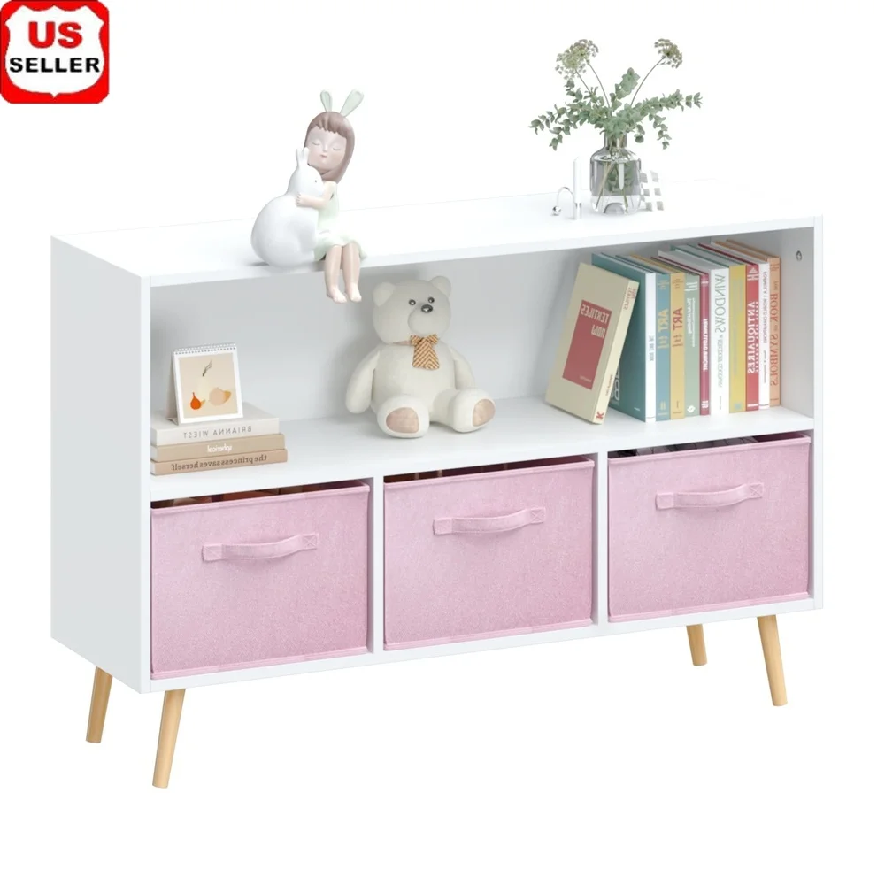 

Kids Bookcase with 3 Drawers MDF Storage Organizer Toys Books Durable Safe Design Kids Playroom Bedroom Nursery