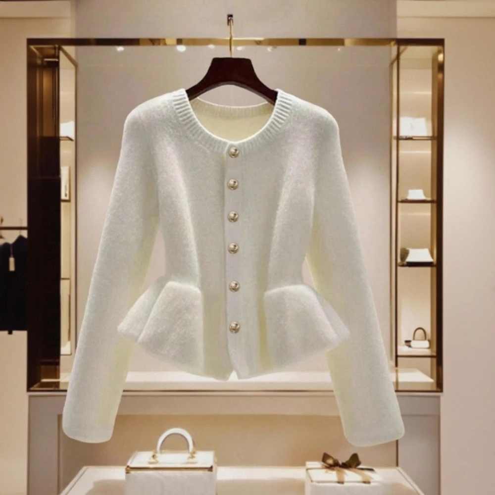 

2025 женские кардиганы, осенние модные однотонные однобортные кардиганы с длинными рукавами и круглым вырезом для отпуска