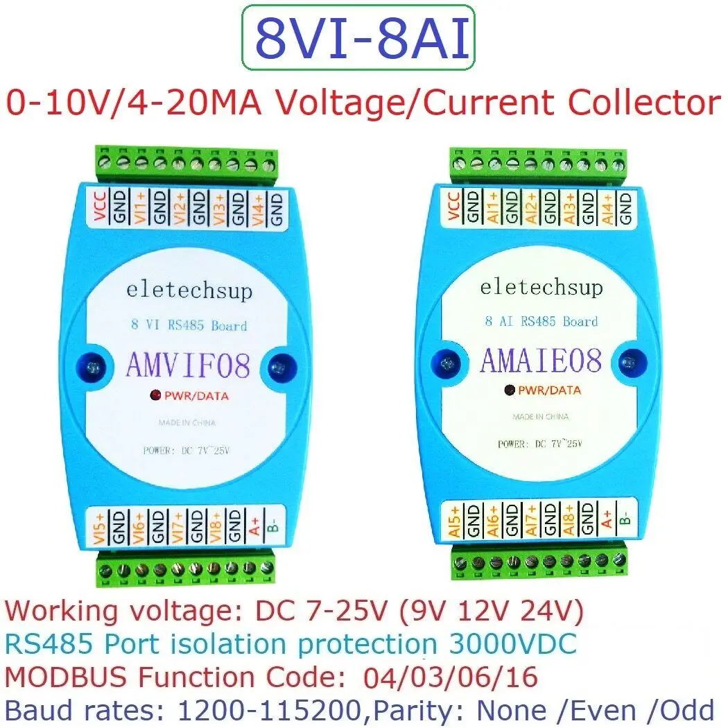 8CH 0-20MA 0-10V to RS485 Current Voltage ADC Collector MODBUS RTU Read Capture