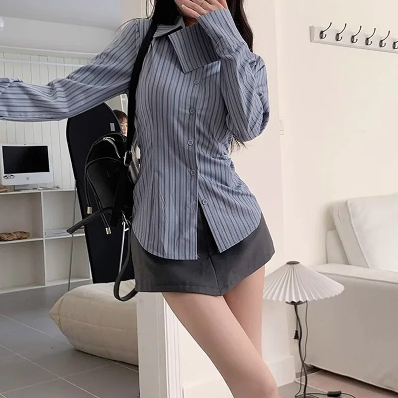 Y2k Striped Shirt Women Long Sleeve Designed Button Up Tops Blue Korean Vintage Ladies Streetwear Slim Elegant Chic Blouses