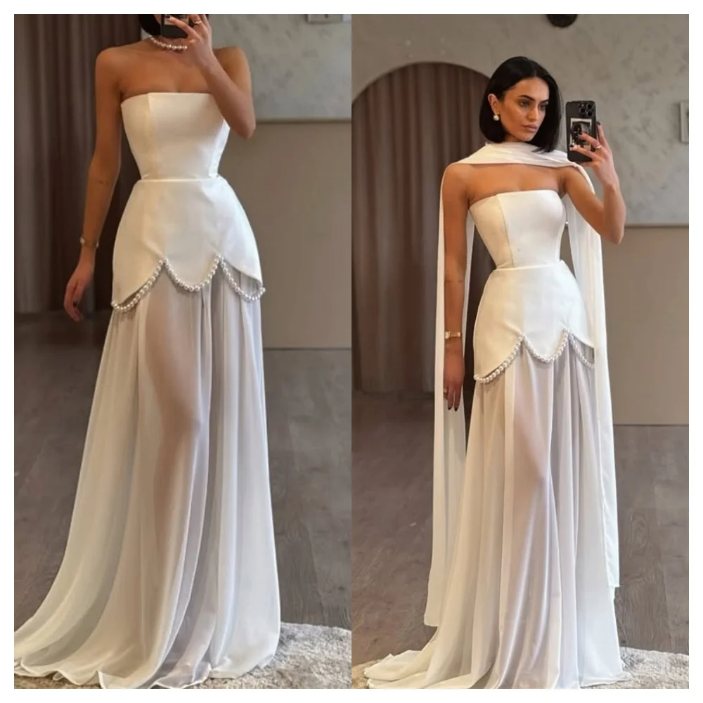 Customized  Graceful White Tulle Evening Dress Fashion Strapless Sleeveless Party Dress High Quality Chapel Train Prom image 2