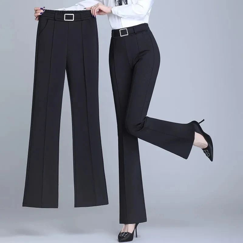 

Elegant Fashion Elastic High Waist Sashes Trousers Women New Office Lady Commute All-match Solid Pockets Casual Wide Leg Pants