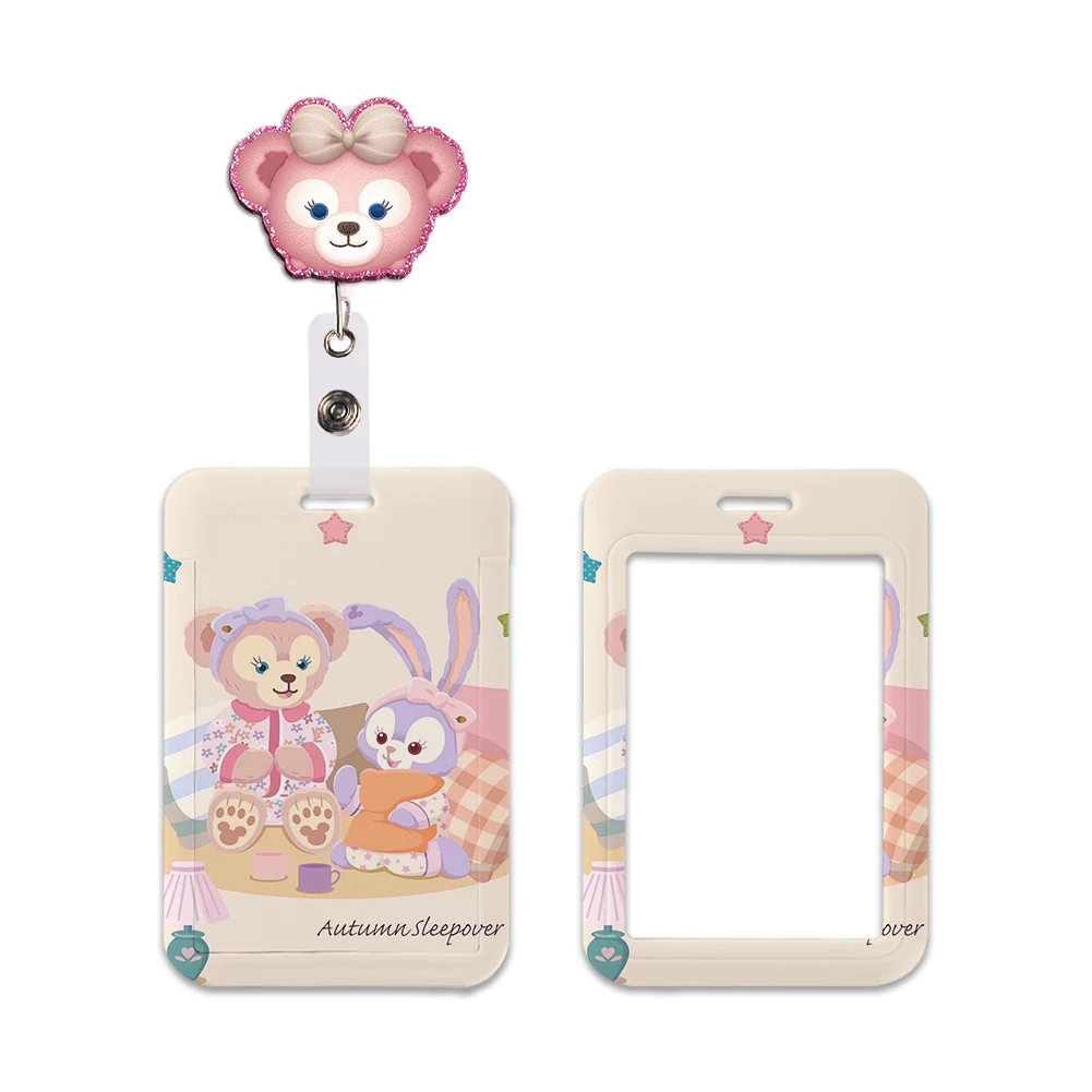 

Disney Cute StellaLou Duffy Friends Holder Reel Clip Glitter Acrylic Credit Card Case Keychain ID Badge Holder