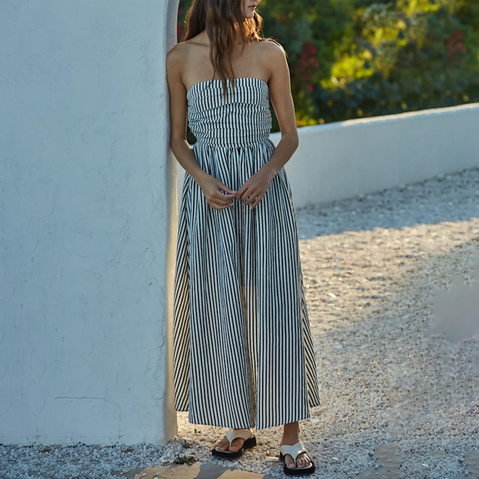 Vestido holgado de tubo estético para mujer, sin tirantes elegante vestido a rayas con espalda descubierta, ropa informal de verano con dobladillo largo