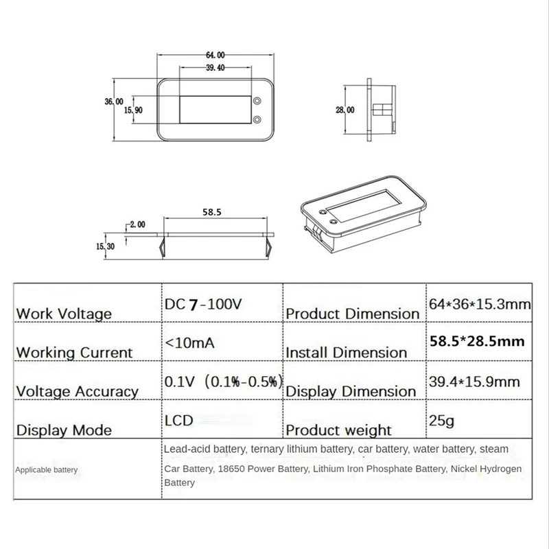 7-100V Digital Battery Capacity Tester Battery Monitor Voltage Temperature Switch Meter For Car Ships