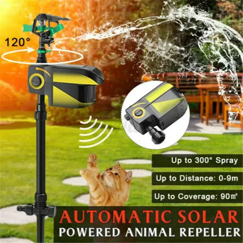 Solar Motion Sensor Sprinkler Motion Activated Jet Spray Animal Repeller 3 Time Modes Adjustable Spray Angle Distance Garden