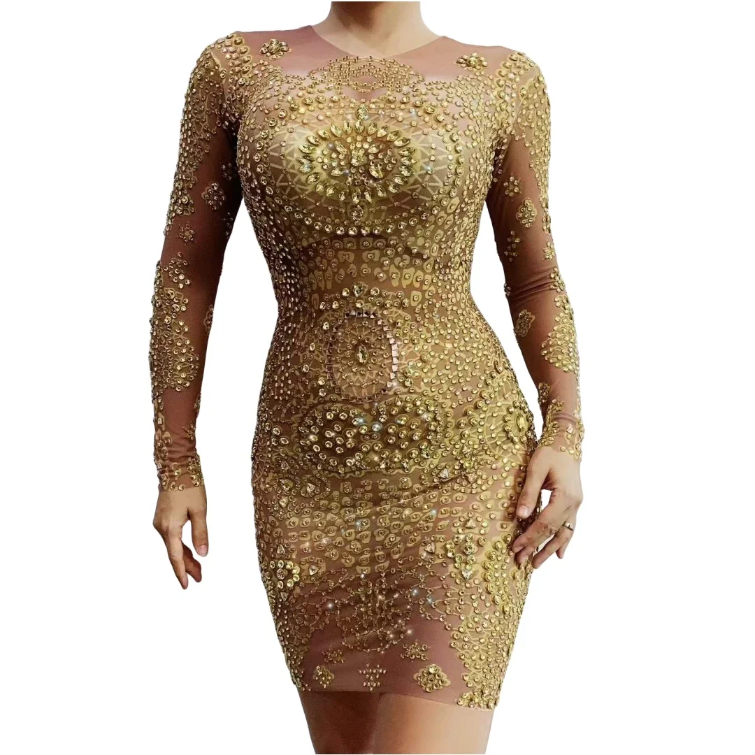 

Women Sparkly Rhinestone Gold Dress Crystals Party Birthday Queen Short Dress Stage Performance Date Stretch Drag Costume