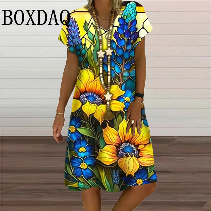 Oil Painting Floral Vintage Dress Women Sunflower 3D Printed Dresses Summer Retro Short Sleeve V-Neck Midi Loose Dress Sundress