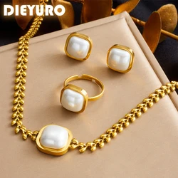 DIEYURO 316L Stainless Steel Square Large Pearl Necklace Earrings Ring For Women Girl New Party Gift Fashion Jewelry Set Bijoux