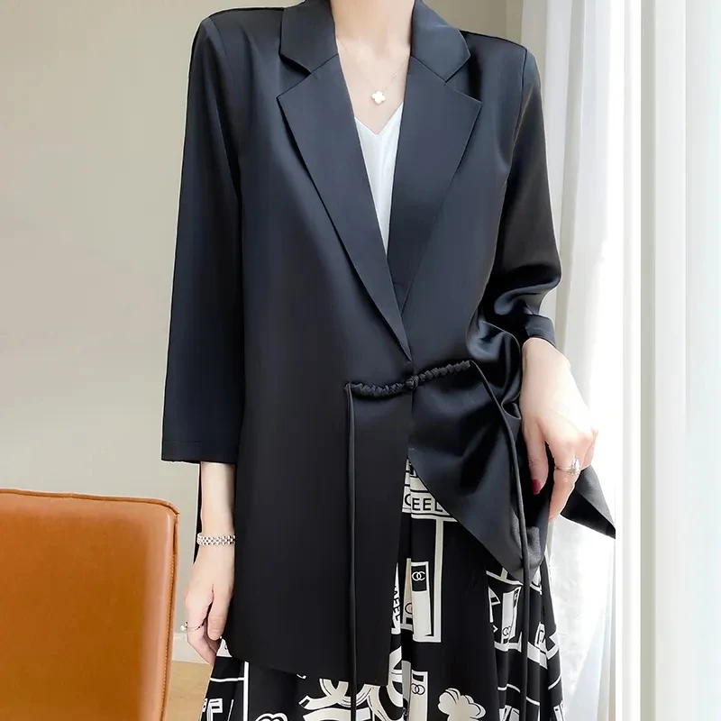 Chinese Style Suit Jacket Women\'s Blazer Spring Autumn Medium Length 3/4 Sleeved Suit Top High End Satin Surface Coat Female