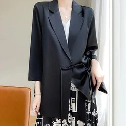 Chinese Style Suit Jacket Women's Blazer Spring Autumn Medium Length 3/4 Sleeved Suit Top High End Satin Surface Coat Female