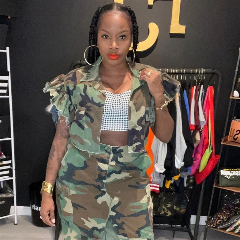 Fashion Women Ruffles Camouflage Jackets Crop Tops Cargo Style Turn Down Collar Butterly Sleeve Single Breasted Pockets Vests