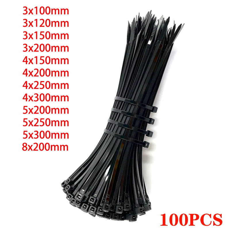 Self-locking plastic nylon tie 100 PCS black 5X300cable tie fastening ring3X200 cable tie zip wraps strap  nylon cable tie set