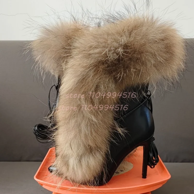 Fuzzy Lace Up Leather Ankle Boots Women Black Pointed Toe Thin Heel Boots Sexy Fashion Party Prom Ladies Shoes 2025 New Arrivals
