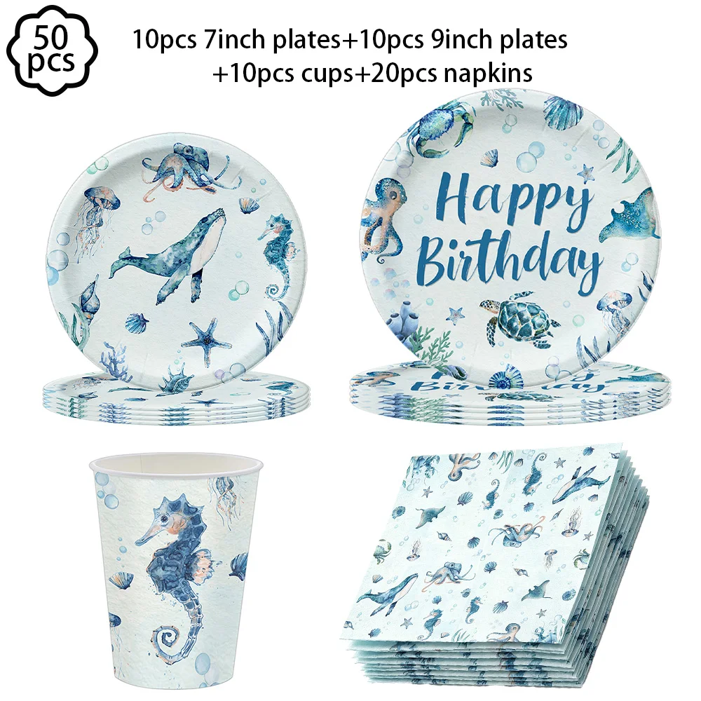 Ocean Disposable Tableware Set Plates Napkins Blue Sea World Themed Plates Cups Napkins Ocean Birthday Party decoration Supplies view 2