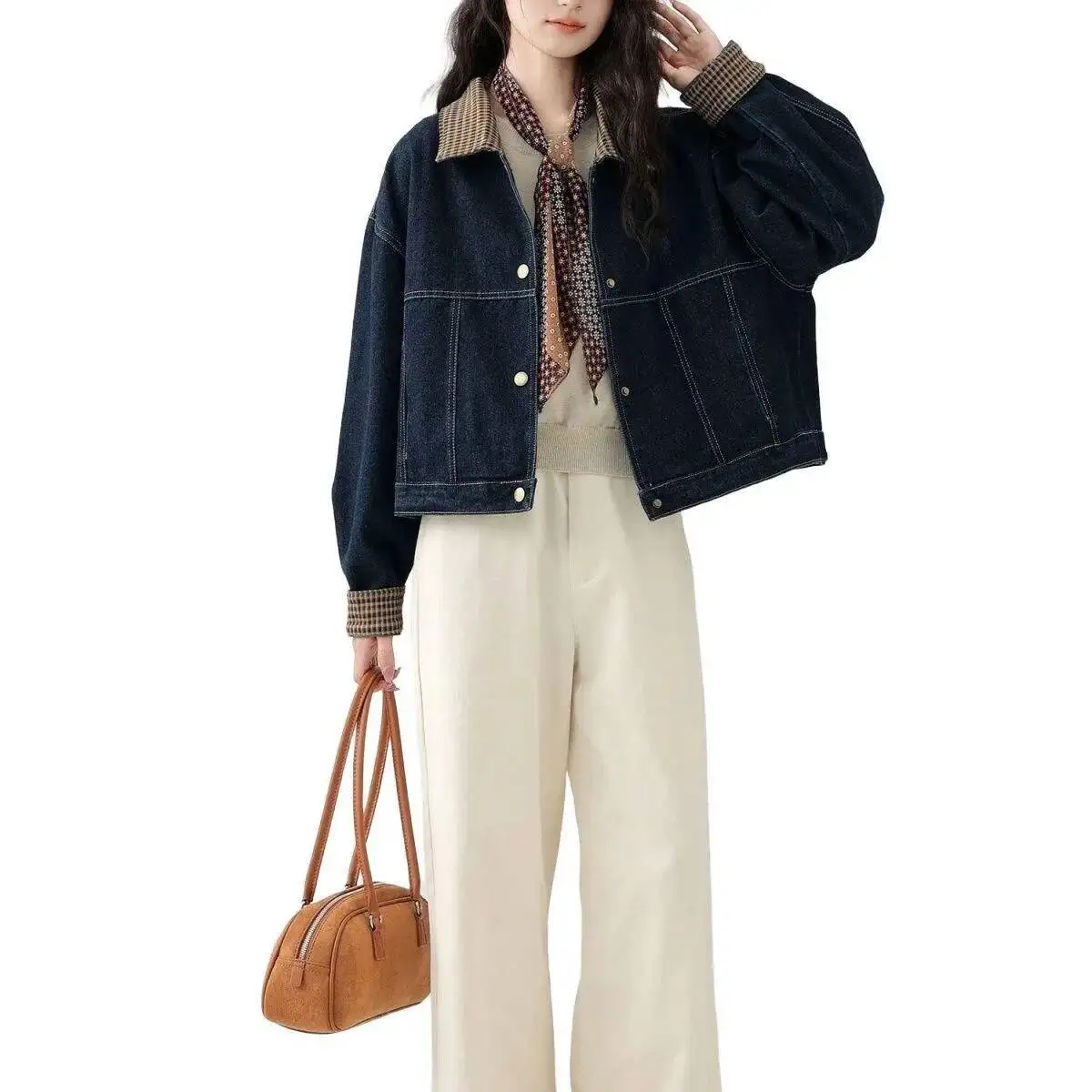 เสื้อแจ็คเก็ตยีนส์ลายสก็อตสำหรับฤดูใบไม้ผลิและฤดูใบไม้ร่วง ทรงหลวม คอปก สไตล์ลำลอง อเนกประสงค์ คลาสสิก ย้อนยุค แบรนด์จีน