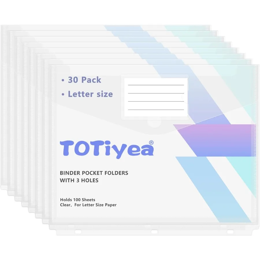 

30 упаковок карманов для переплета с 3 кольцами, 100 листов, карманная папка большой емкости, расширяемая пластиковая папка с плотной застежкой