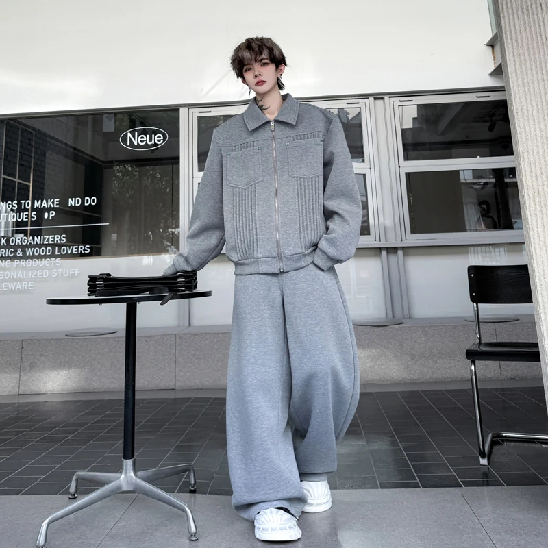 

Cleanfit American Sle Zipper Design Men's Casual Wide Leg Sweatpants Set with Collar Folded Jaet Autumn Faion Outerwear