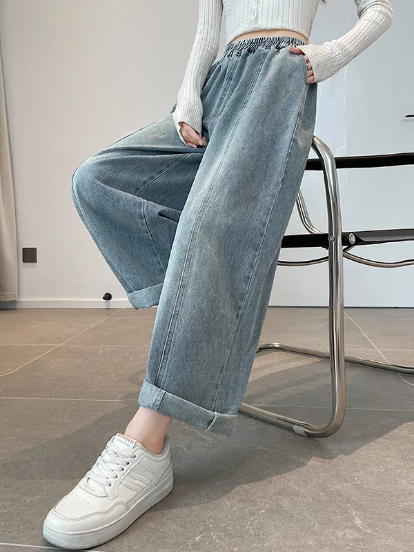 ハイウエストコットンデニムルーズストレートレッグレディースジーンズハーラン秋冬スレライトブルー9点ダッドパンツ