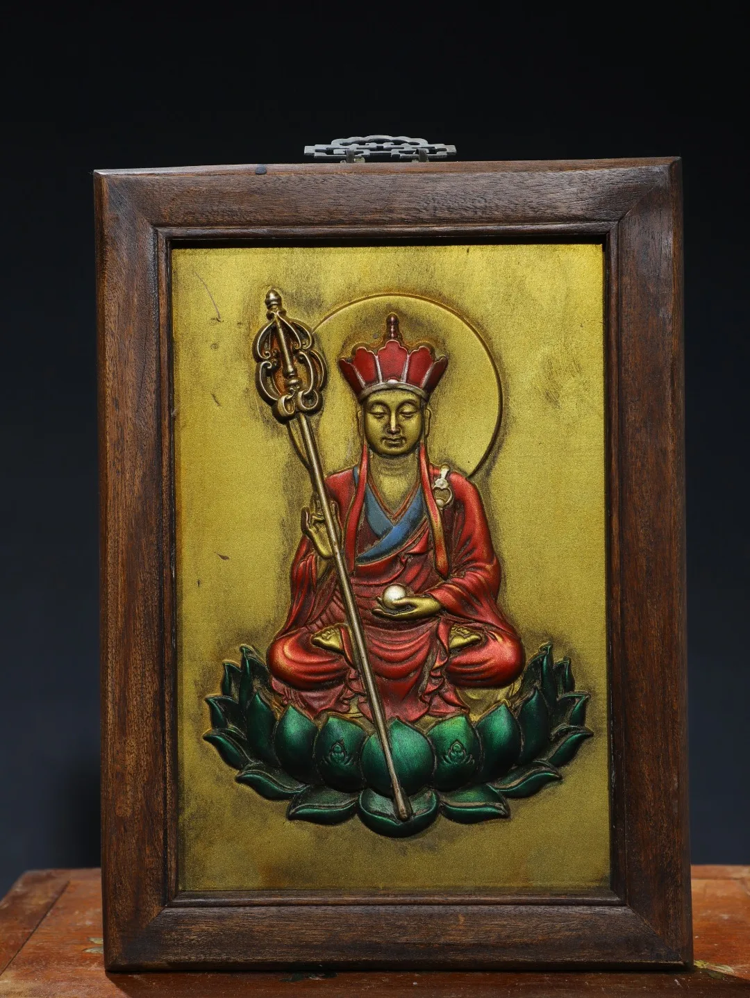 

13"Tibetan Temple Collection Old Rosewood Mosaic Bronze Painted Ksitigarbha Bodhisattva Sitting Buddha Thangka hanging panel