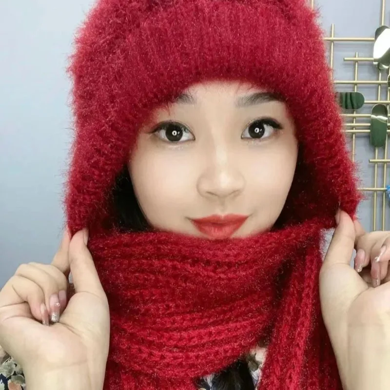Warm Winter Hat Scarf Beanie Set for Women Fleece Lined Windproof Ear Flap Thermal Knitted Cap with Neck Cover for Cold Weather