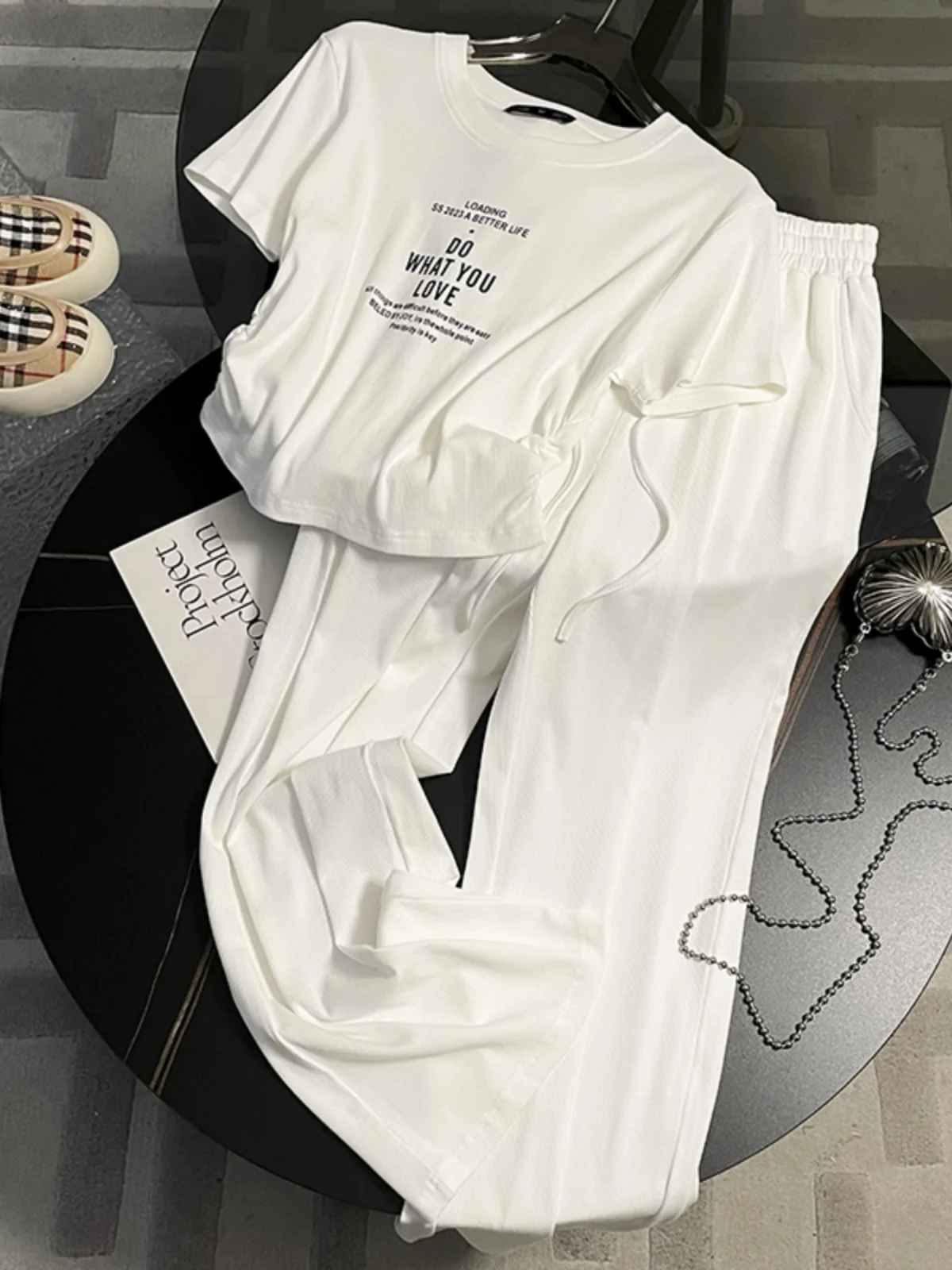 

Женский комплект для джазовых танцев: укороченный топ и брюки для тренировок, уличный стиль, летний облегающий костюм из двух предметов с круглым вырезом S