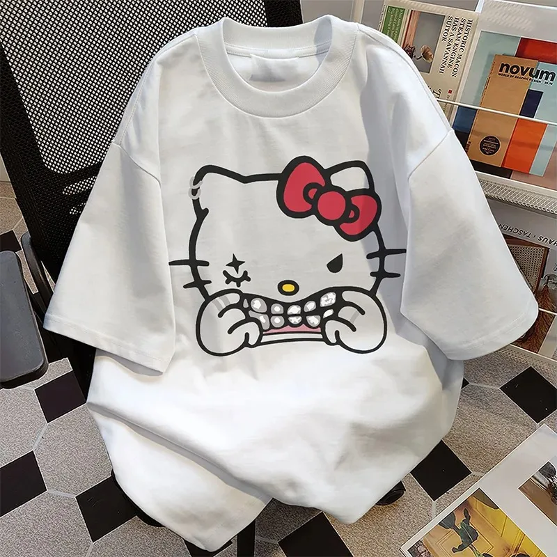 Cat Hello Kitty Cotton T-shirt Women Couples Cute Printing Trend Tops Oversized Unisex Couples Trend Harajuku Plus Size T-shirt