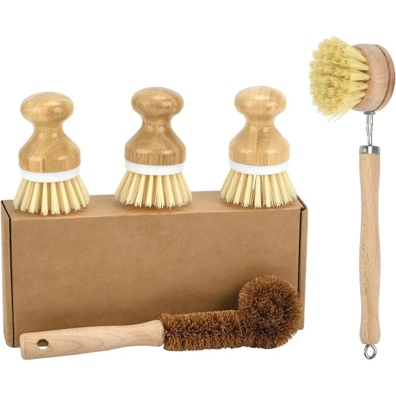 5 Pack Bamboo Dish Brush Set, Natural Kitchen Scrubber & Bottle Brush, Wooden Cleaning Brushes for Dishes, Pots, Pans, Bottles, Sinks & Woks