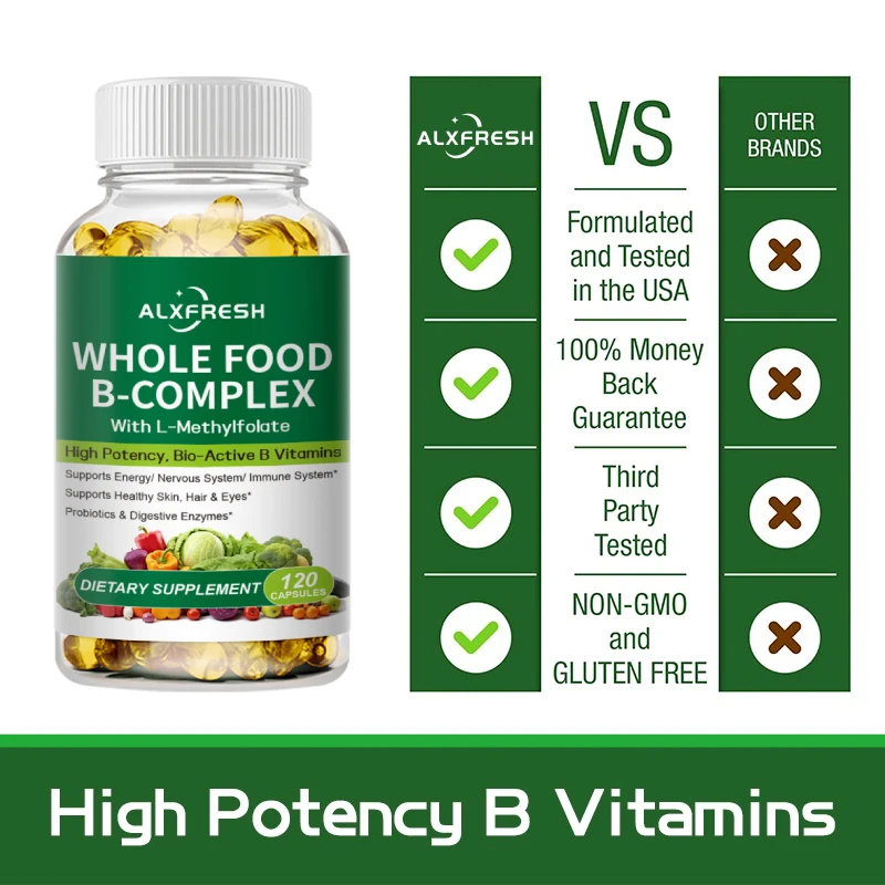 Vitamin B Complex Capsules Relieve Stress and Mood Support Healthy Nervous System and Energy and Hair and Eyes Improve Immunity