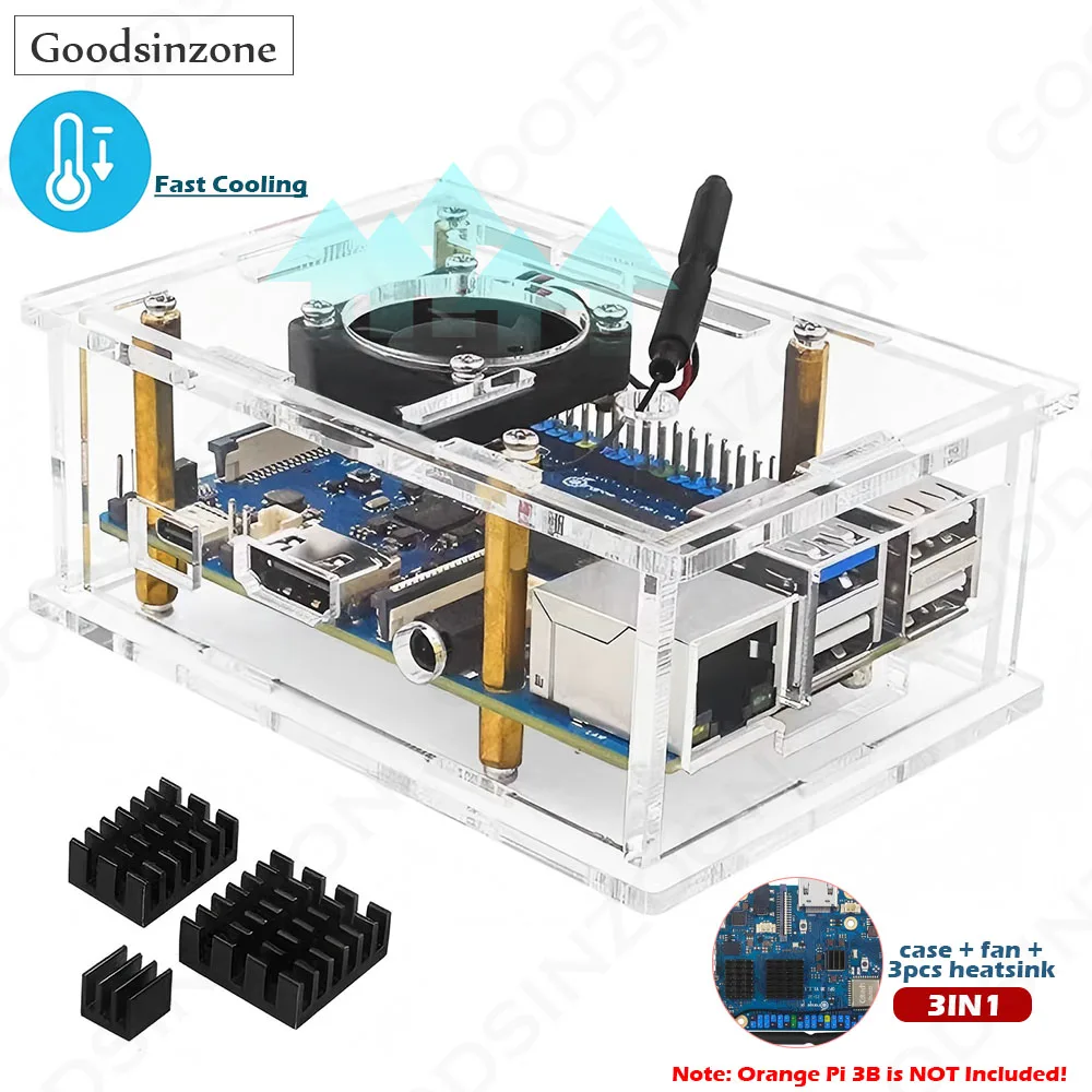

3in1 Case with Fan Heatsinks Kit for Orange Pi 3B, Acrylic Case Shell + Mute Fan + 3PCS Heatsinks Set for OrangePi 3B 3 B