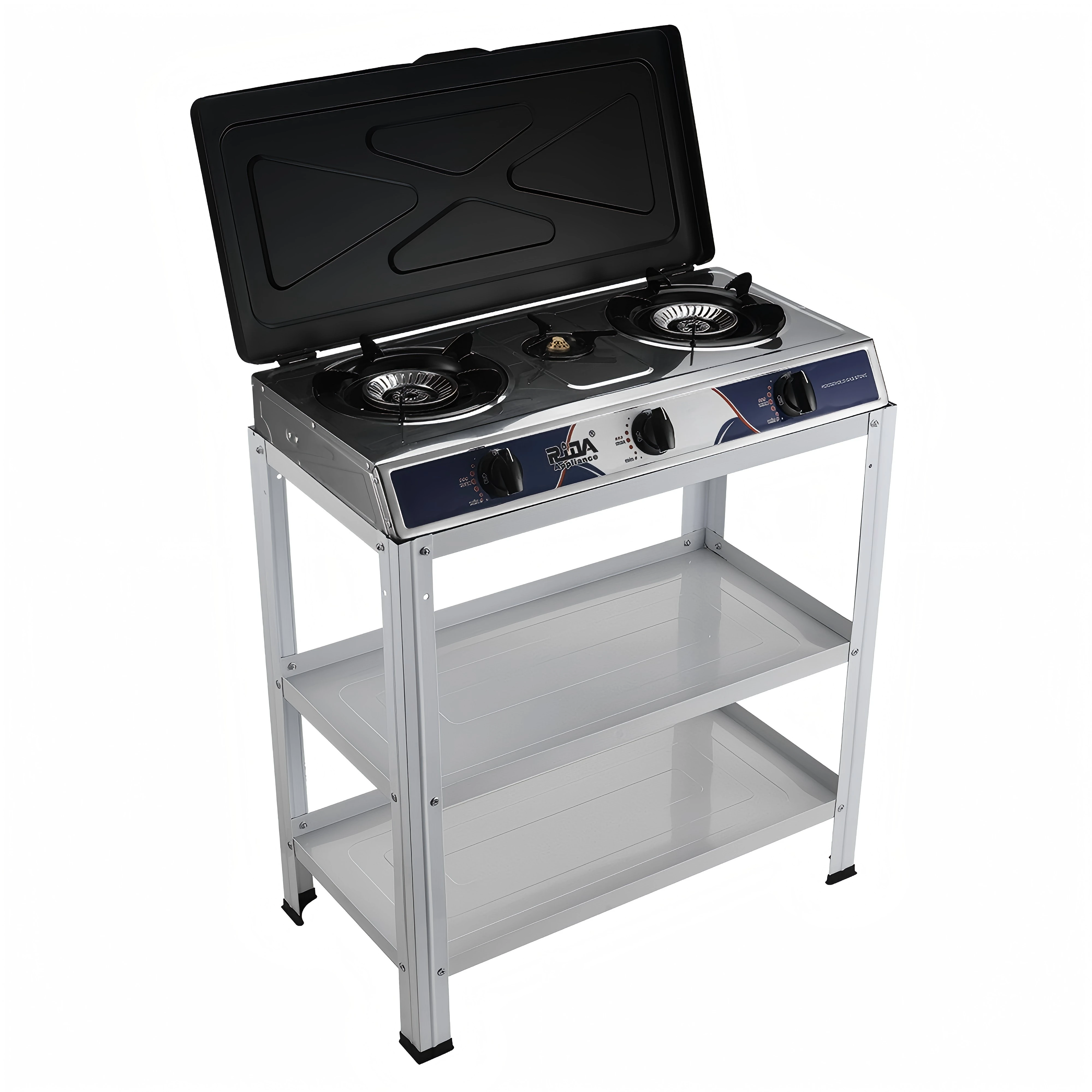 Free Standing Stainless Iron     Cooker 3 Burners lpg     Stove Comes with Two-tier Shelves and Dust-proof Lid