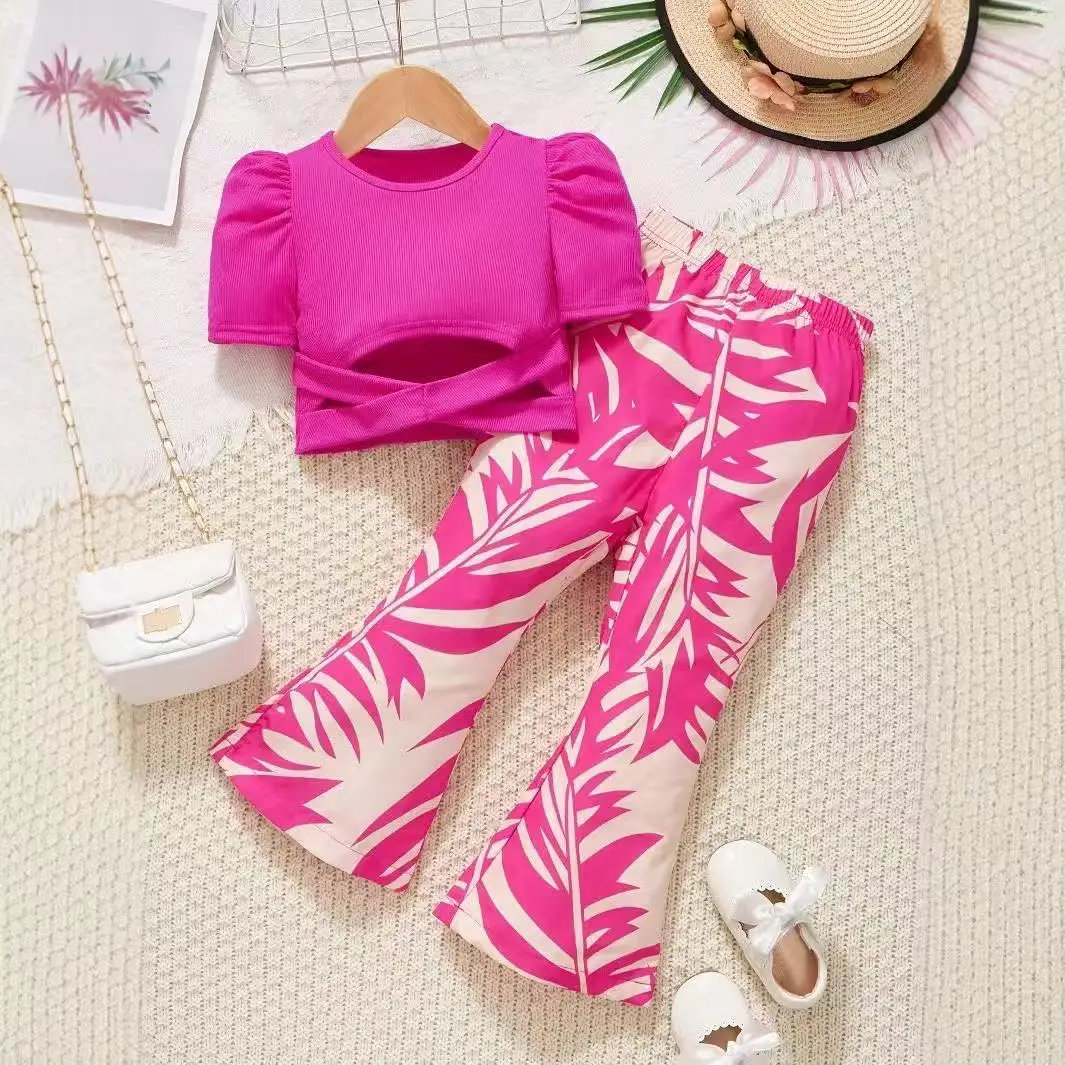 

Girls Summer Suit Cross Strap Bubble Sleeve Short Top Printed Flared Pants Two Piece Set Kids Outfits