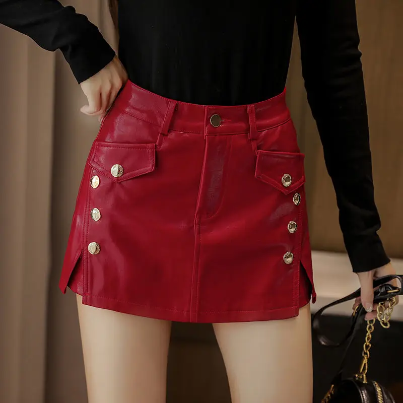 2023 Fashion Leather Skirts Shorts Women High Waist Wide Leg Red Black Shorts Streetwear Sexy Biker Shorts bootie shorts grunge