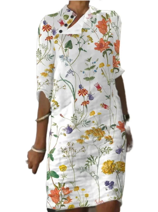 

Spring Stand-Up Collar Button Cotton Mini Dresses Women Casual Linen Solid Color Mid-Sleeve Dress Retro Summer Lady Office Dress