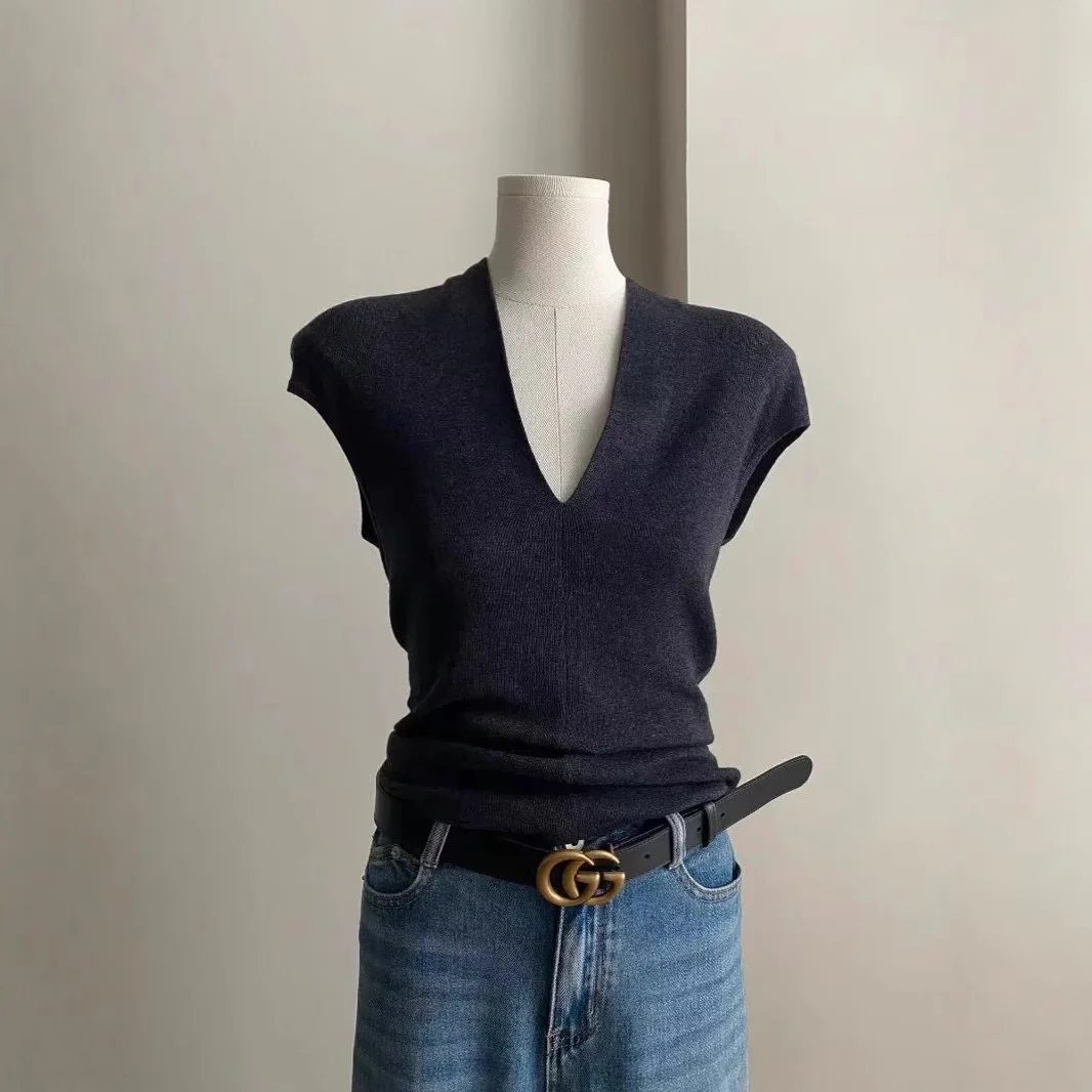 French Style Mature Niche V-Neck Sleeve Thin Ice Silk Knitted T-Shirt For Women Summer Pure Desire Short Slim Fit Slimming Top