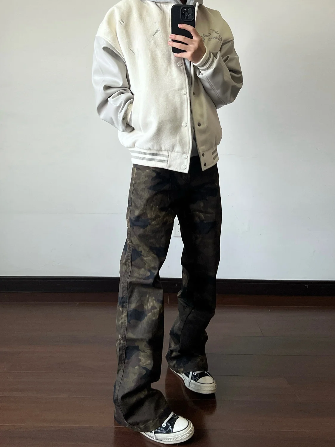 

Cleanfit American High Street Vintage Camouflage Basic Slim Fit Flared Jeans Men Straight Leg Slimming Casual Pants