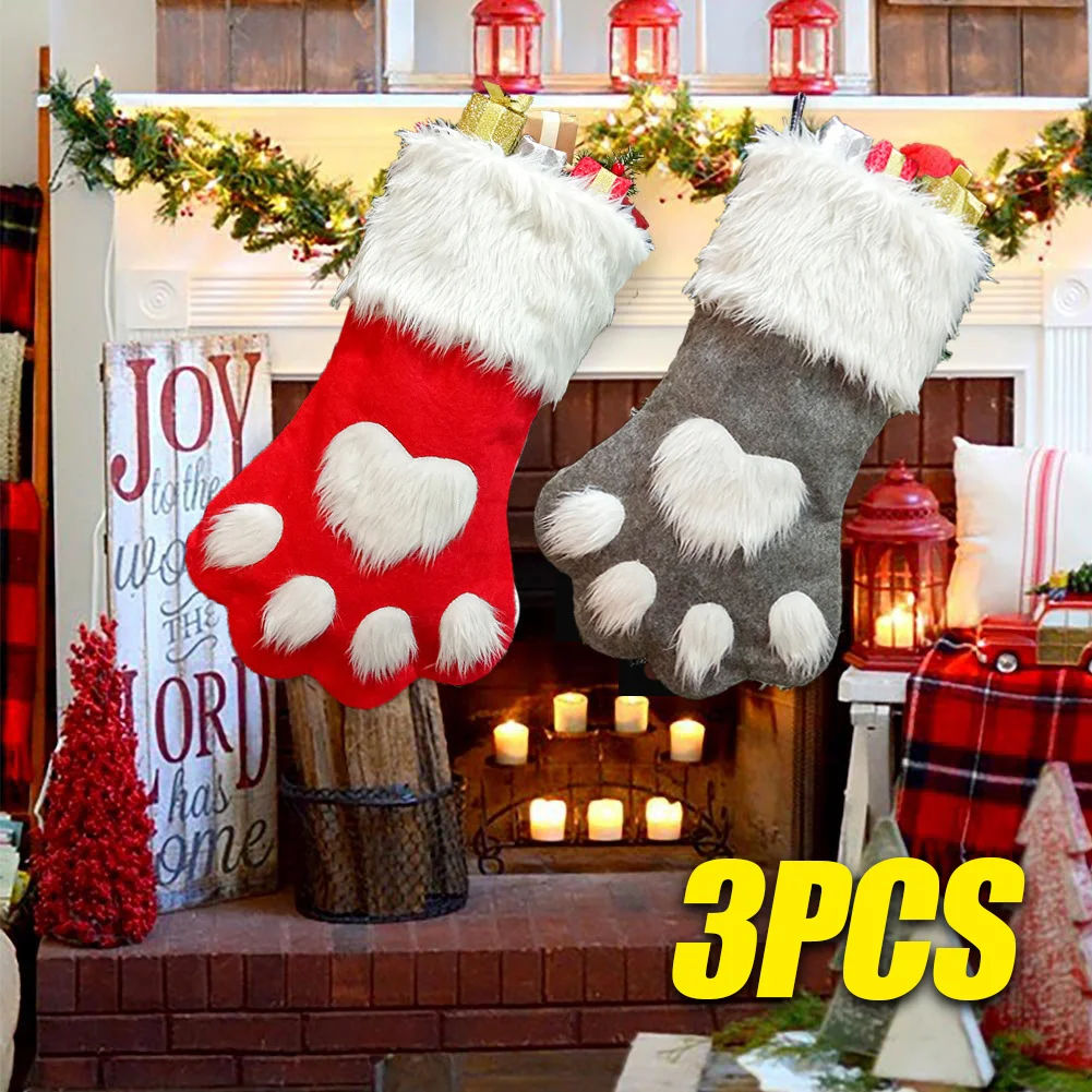 3PCS Christmas Stockings Christmas Long Hair Dog Paw Socks Christmas Tree Hanging Decoration Socks Christmas Gift Bags