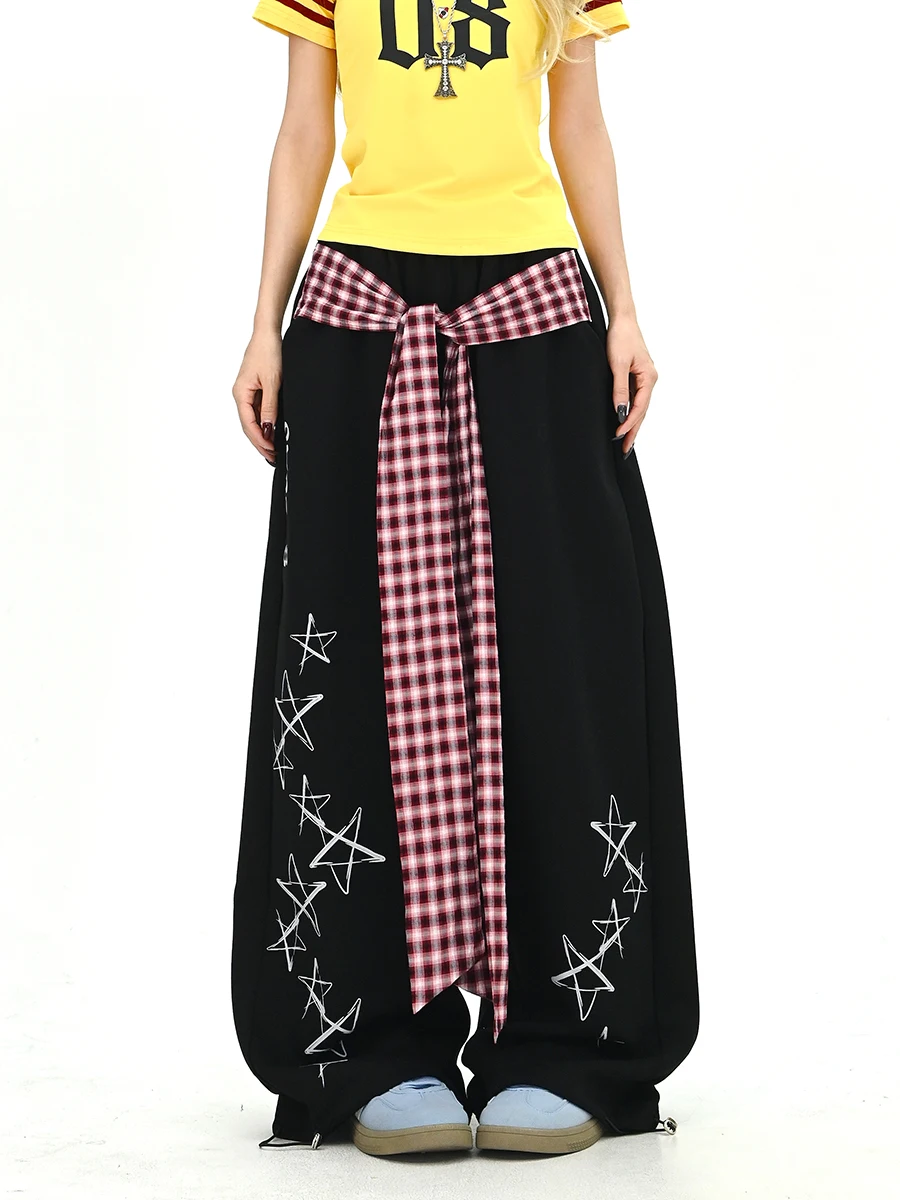 

Женские летние свободные брюки в клетку с поясом, широкие штанины, в американском стиле BF, повседневные, с полосками, на завышенной талии