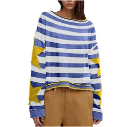 Women Loose Sweatshirt Classic Stripe Graphic Star Decor Long Sleeve Drop Shoulder Round Neck Pullovers Vintage Style Clothes