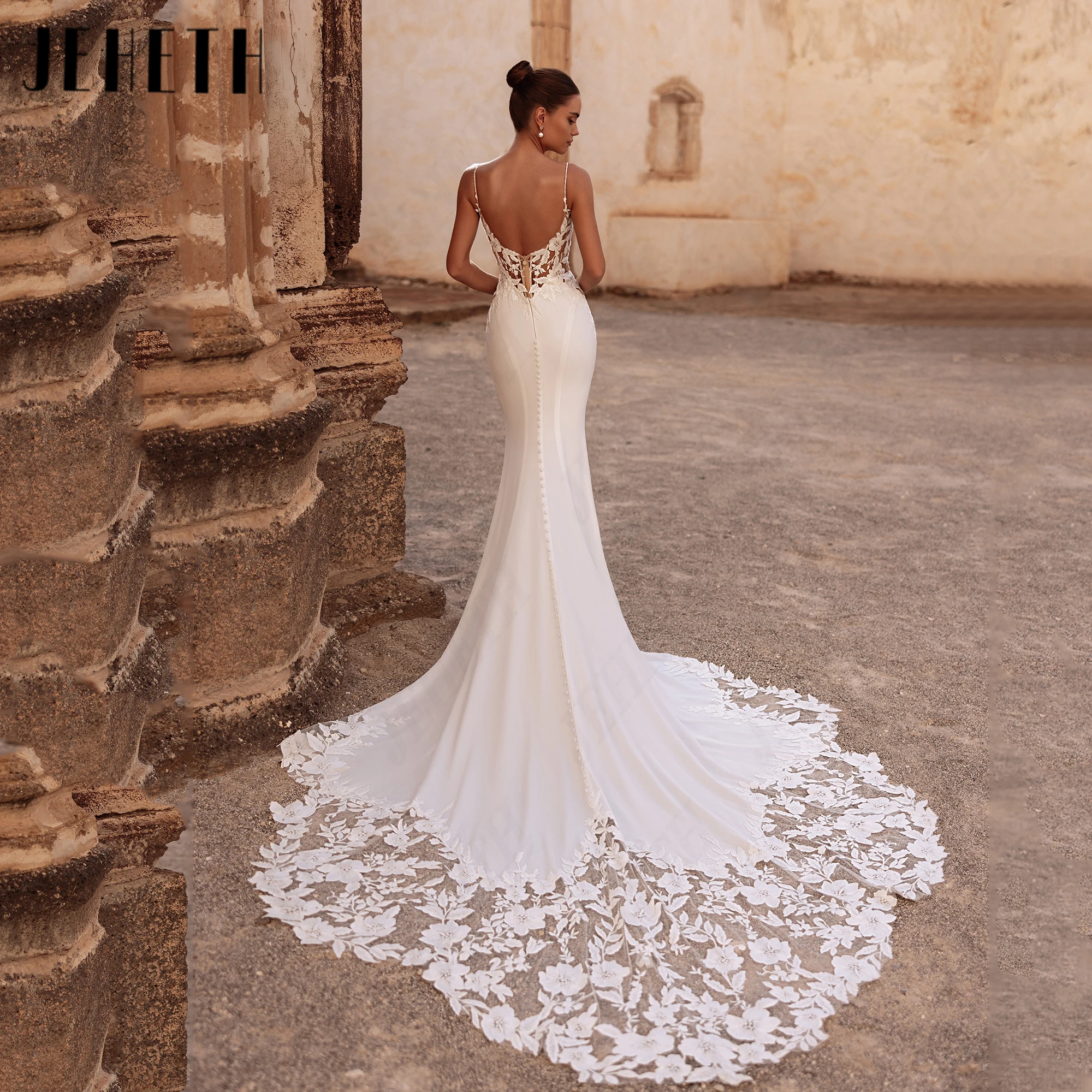 JEHETH Mermaid V-Neck Wedding Dress Customized Satin Spaghetti Strap Bridal Dresses Elegant Lace Appliques Bride Gowns