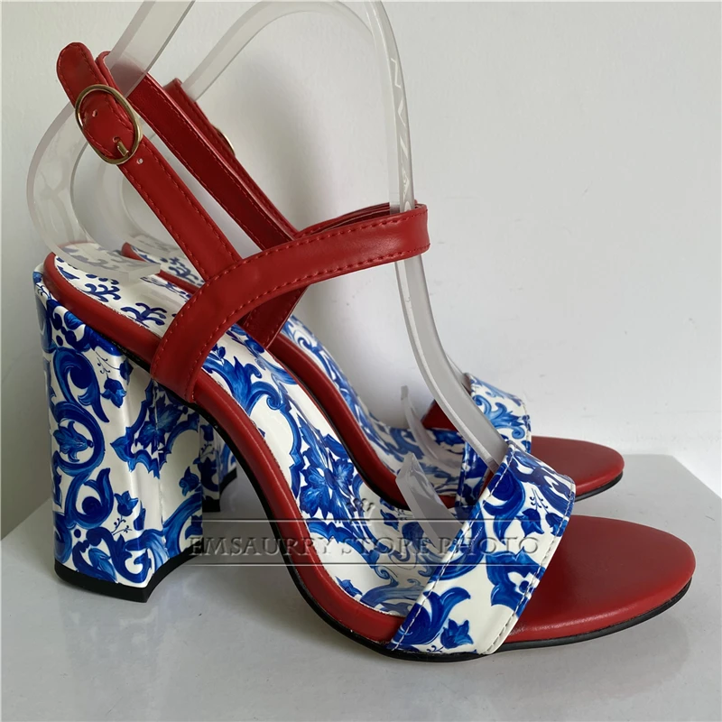 Blue And White Porcelain Print Sandals Women Genuine Leather Ankle Strap Chunky Heel Concise Style Summer Shoes