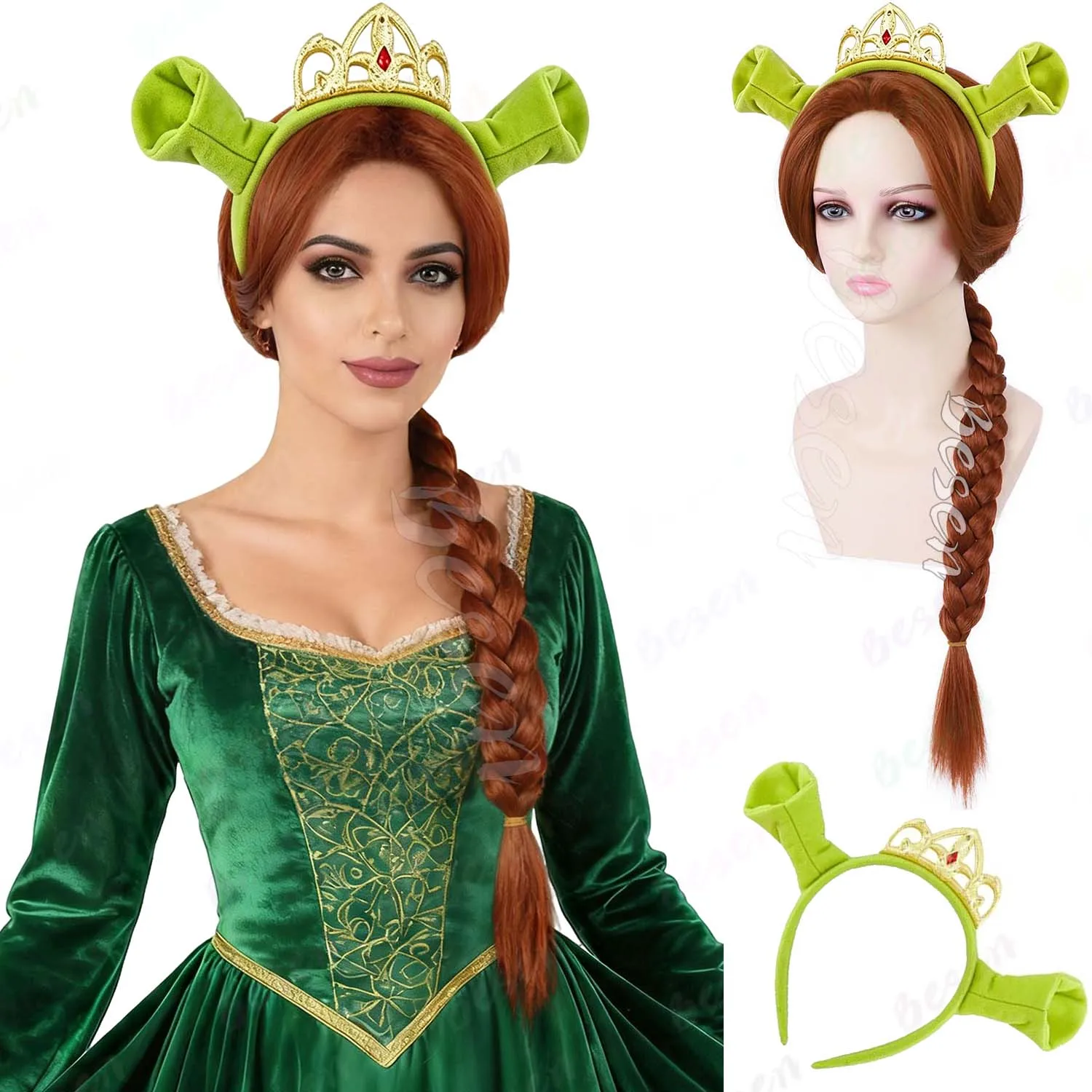 Synthetic Long Braid Reddish Brown Wig+Ogre Green Ears Headband with Princess Crown, Anime Fiona Wig for Halloween Cosplay Party