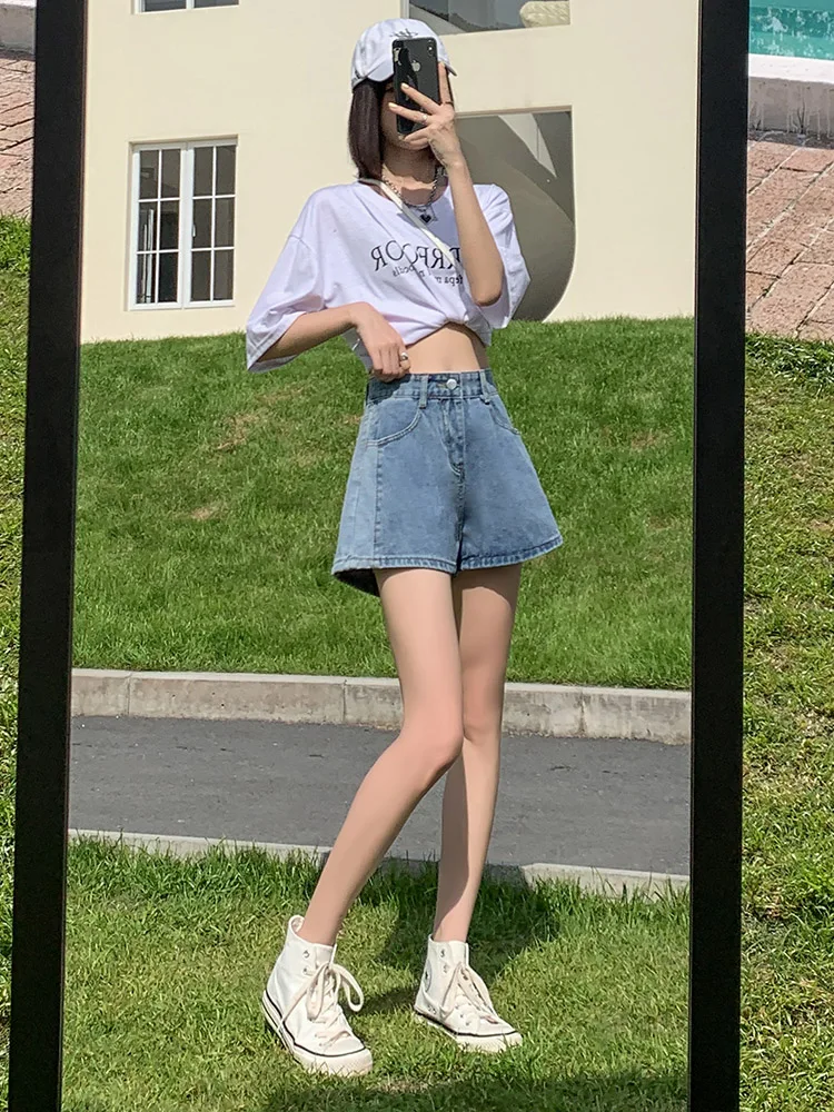 High-Waist Patchwork Denim Shorts für Damen – Sommerliche, dünne, lockere A-Linien-Hotpants in großen Größen mit weitem Bein aus Baumwollmischung, dehnbar